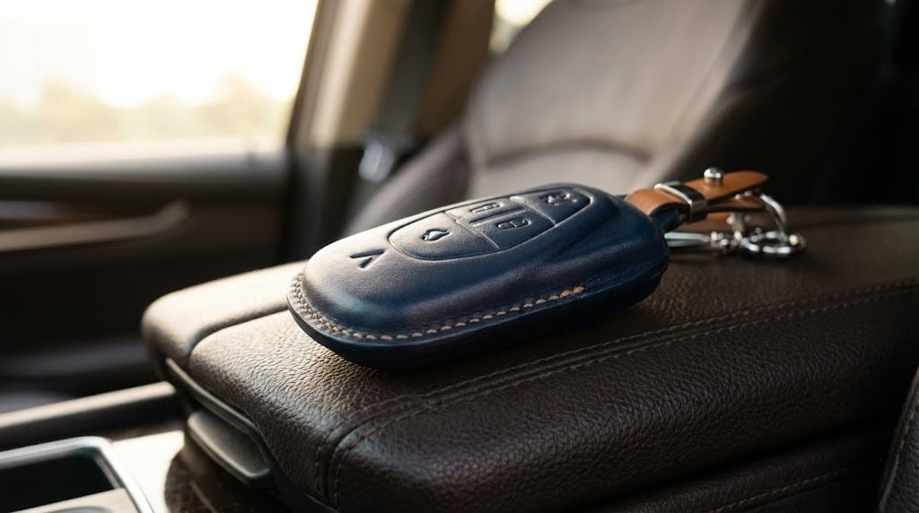 Bao da chìa khóa VinFast VF9 màu xanh Navy sang trọng.