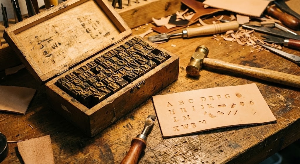 Bộ dụng cụ dập tên thủ công: Khuôn chữ đồng và búa - Những người bạn của thợ da.