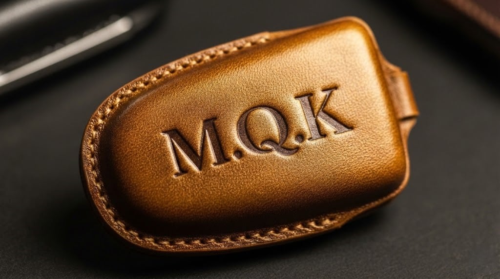 Cận cảnh bao da chìa khóa ô tô màu nâu patin với tên viết tắt được dập lún thủ công sắc nét.