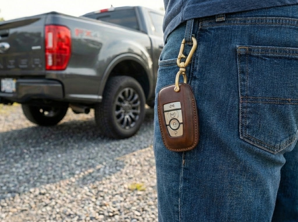 Chi tiết móc xoay đồng thau trên bao da chìa khóa Ford Ranger