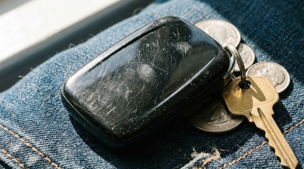 Hình ảnh thực tế chìa khóa ô tô bị xước dăm và mòn lớp nhựa bóng