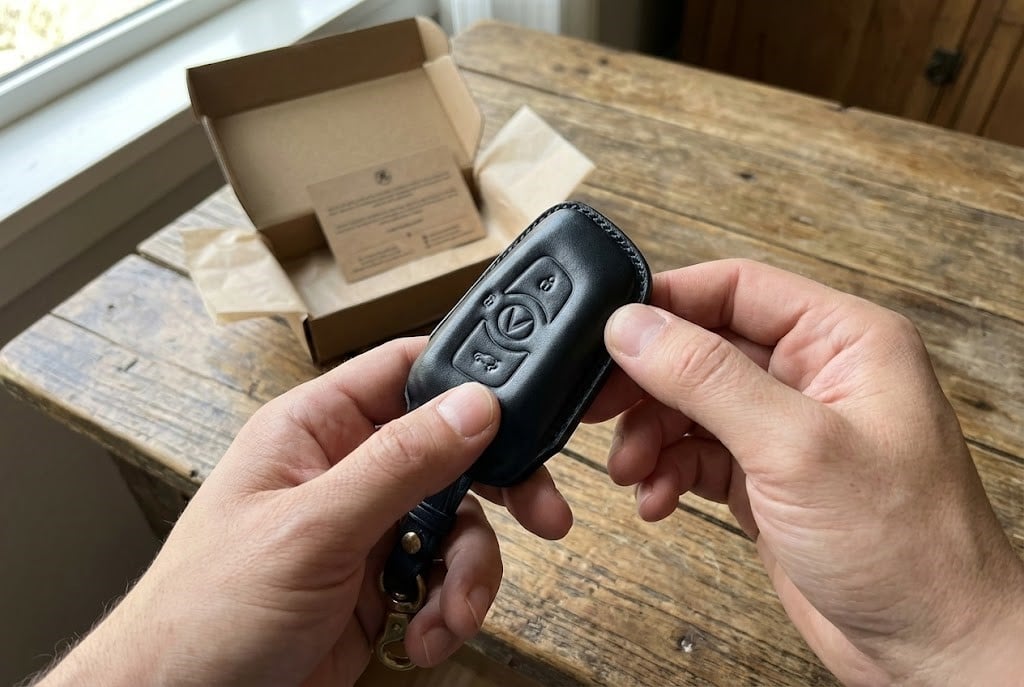 Khách hàng kiểm tra chất lượng bao da chìa khóa VinFast khi nhận hàng