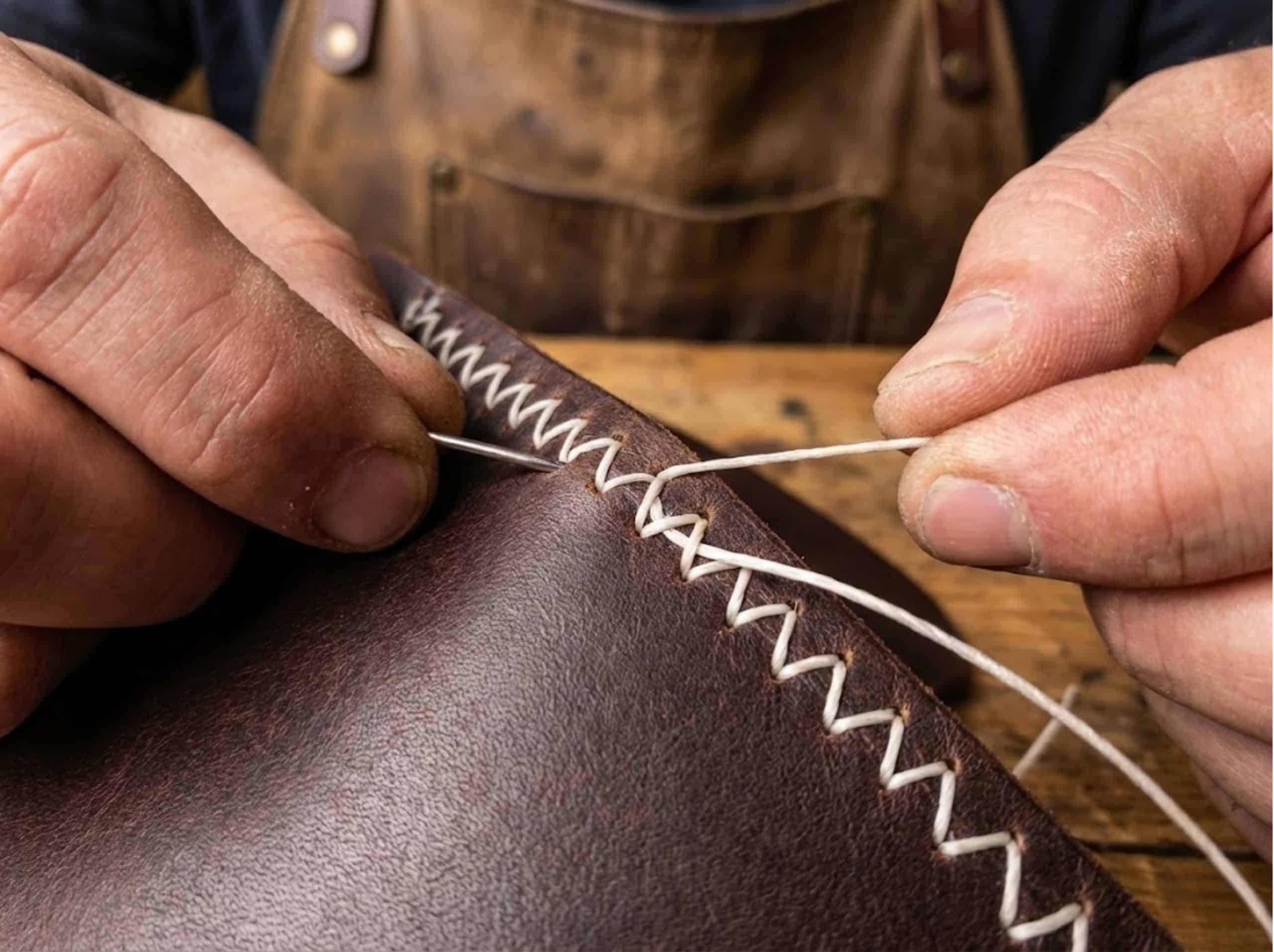 Kỹ thuật khâu tay Saddle Stitch chỉ trắng trên da nâu