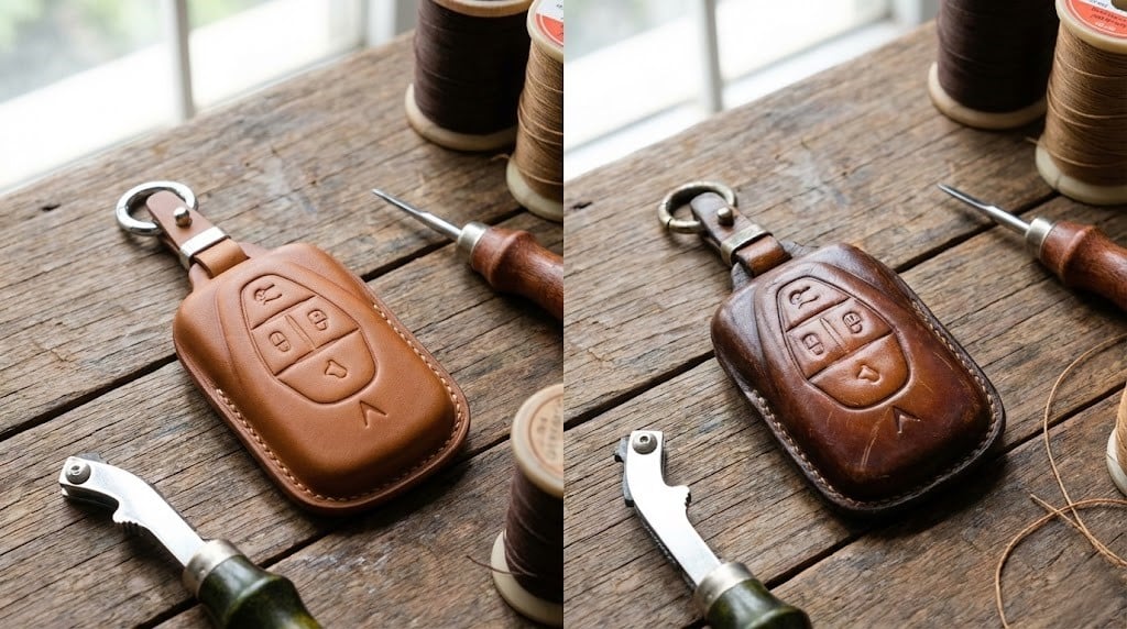 So sánh bao da Veg-tan mới và bao da đã lên nước Patina sau 1 năm sử dụng