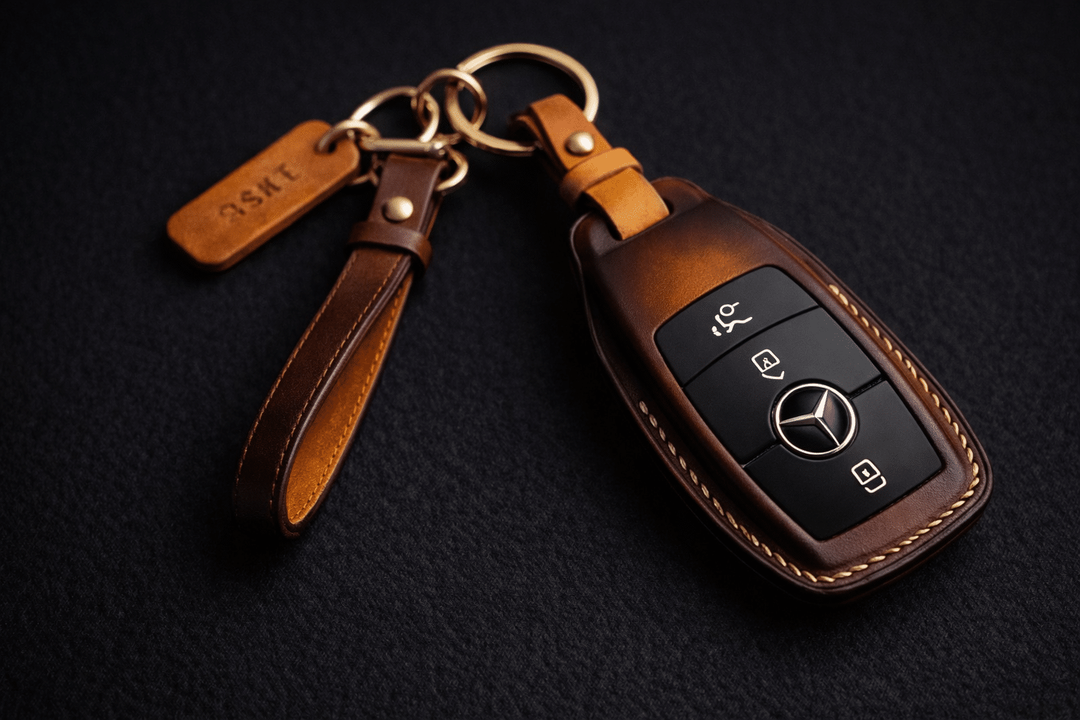 Tag khắc tên và cá nhân hóa trên bao da chìa khóa Mercedes handmade