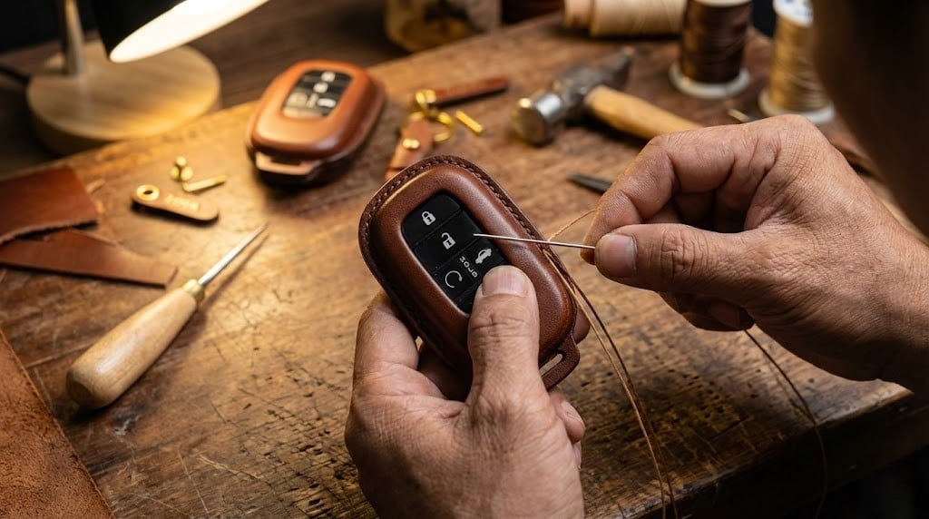 Thợ thủ công đang khâu tay bao da chìa khóa Honda bằng chỉ sáp