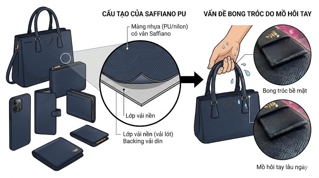 Các sản phẩm Saffiano PU cấu tạo từ màng nilon ép trên vải lót, dễ bị bong tróc bề mặt khi dính mồ hôi tay lâu ngày.