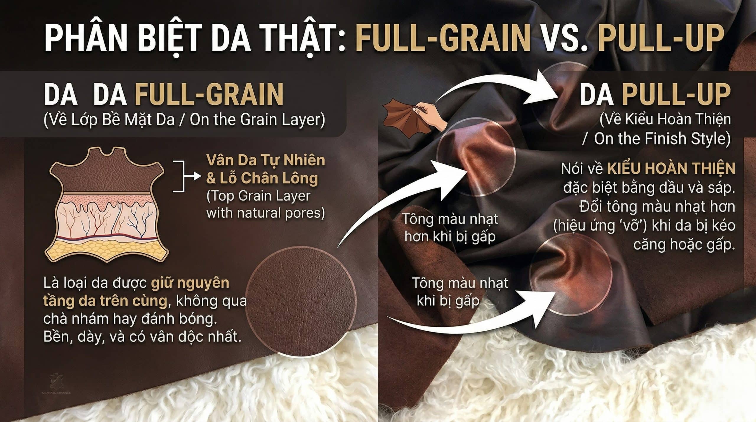 Full-grain leather nói về lớp bề mặt da, còn pull-up leather nói về kiểu hoàn thiện tạo hiệu ứng đổi tông khi sử dụng.