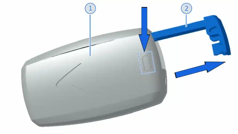 Gạt lẫy nhỏ ở mặt sau để rút chìa khóa cơ khẩn cấp và mở cửa thủ công