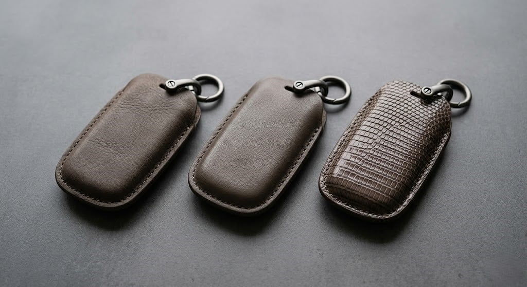 Bao da chìa khóa từ ba chất liệu da bò, da dê và da kỳ đà đặt cạnh nhau để so sánh