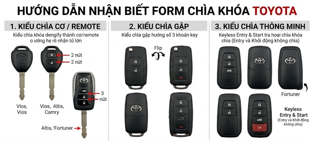 Cách nhận biết form chìa khóa Toyota bằng kiểu chìa và số nút bấm