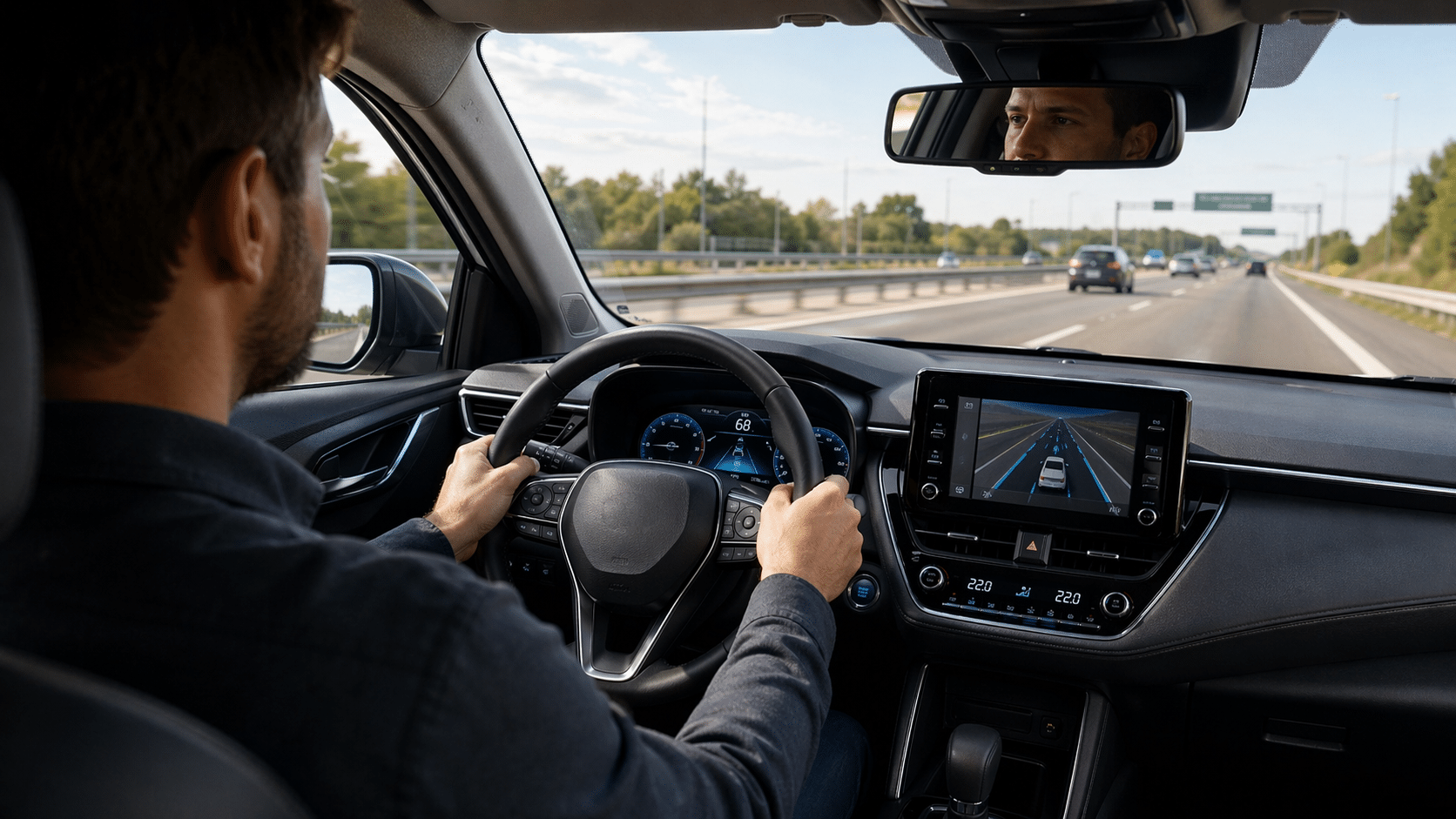 Người lái Toyota Cross Hybrid đang vận hành xe với các công nghệ hỗ trợ lái hiện đại.