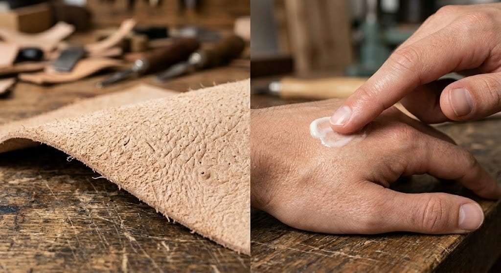 So sánh cấu trúc bề mặt xốp của da bò thuộc và bề mặt da người khi bôi kem dưỡng