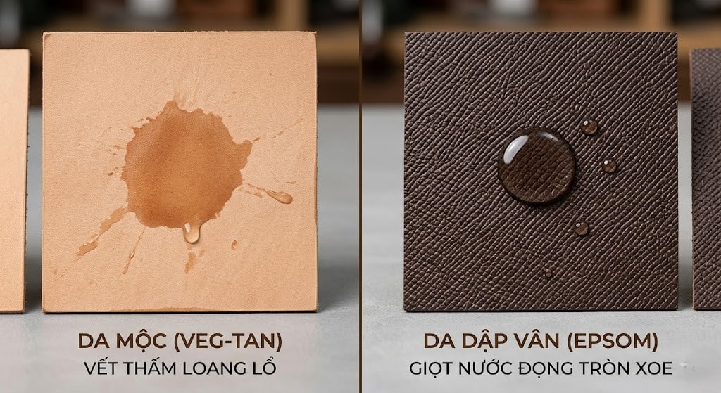 So sánh độ thấm hút nước của da mộc và màng bảo vệ của da Epsom