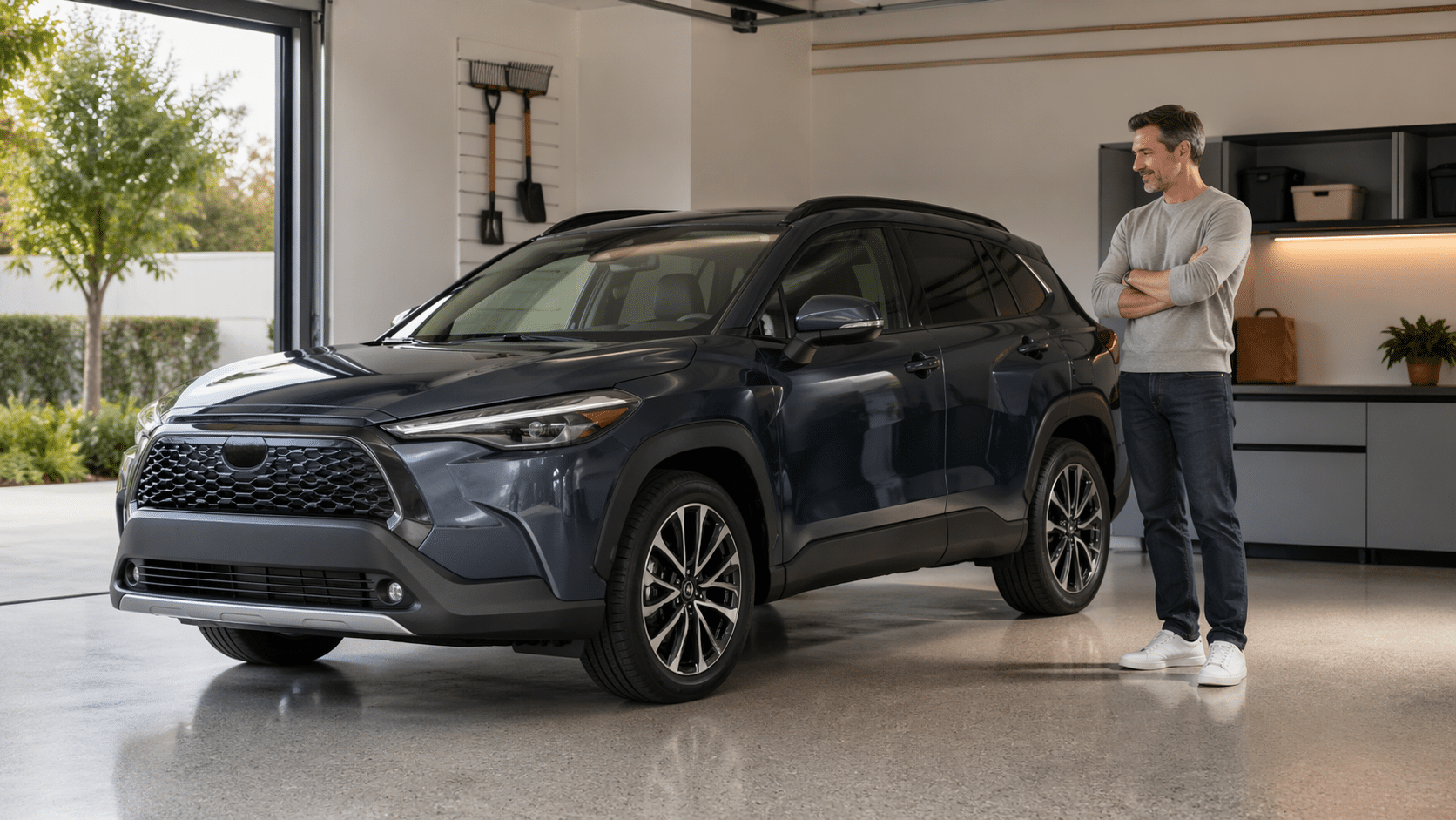 Toyota Corolla Cross Hybrid đỗ trong gara mà không cần cắm sạc.