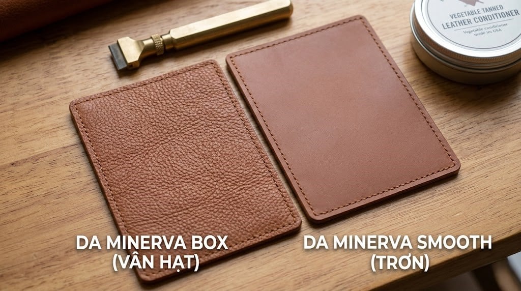 Điểm dễ nhận ra nhất là texture: Minerva Box có vân tự nhiên rõ hơn, còn Minerva Smooth thiên về bề mặt gọn và liền.