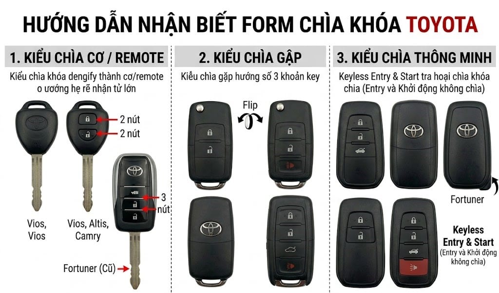 Mỗi dòng xe Toyota có thể dùng một kiểu chìa khác nhau, vì vậy nên đối chiếu theo mẫu xe kết hợp với số nút bấm thực tế.