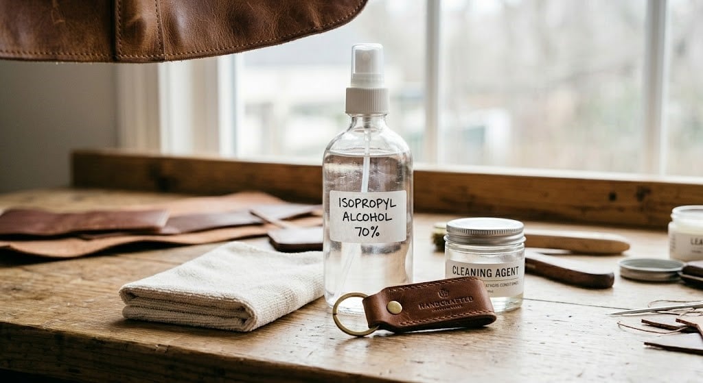chai cồn và khăn đặt cạnh một món phụ kiện da