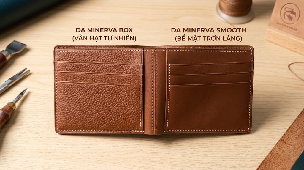 Minerva Box và Minerva Smooth cùng một “họ” da, nhưng cho cảm giác thị giác rất khác khi đặt trên cùng một form sản phẩm.