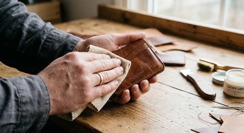 tay đang cầm khăn lau một món đồ da nhỏ