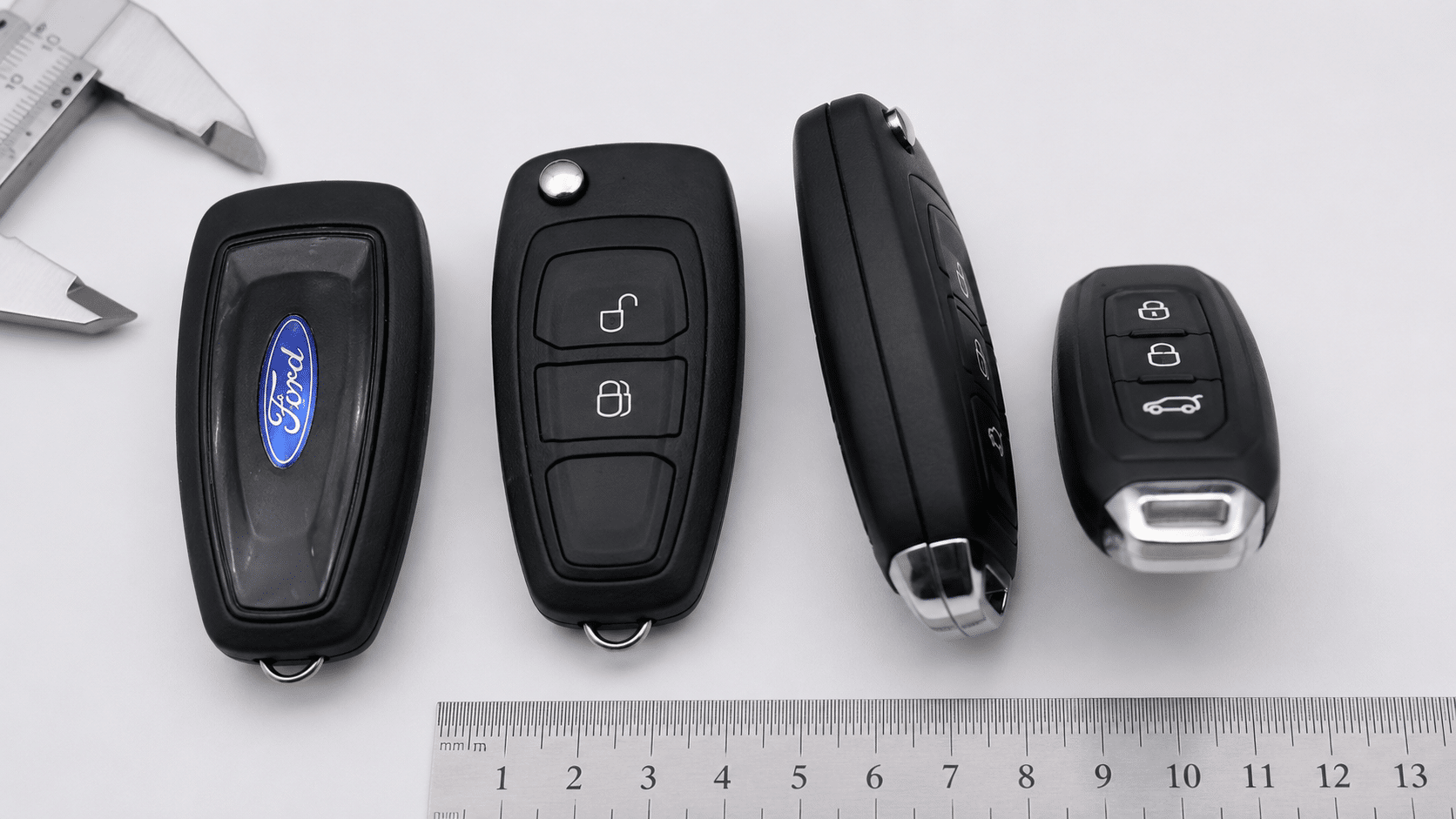 Các chi tiết dễ nhầm của chìa khóa Ford như đáy chìa, nút bấm và cạnh hông được thể hiện rõ trong ảnh.