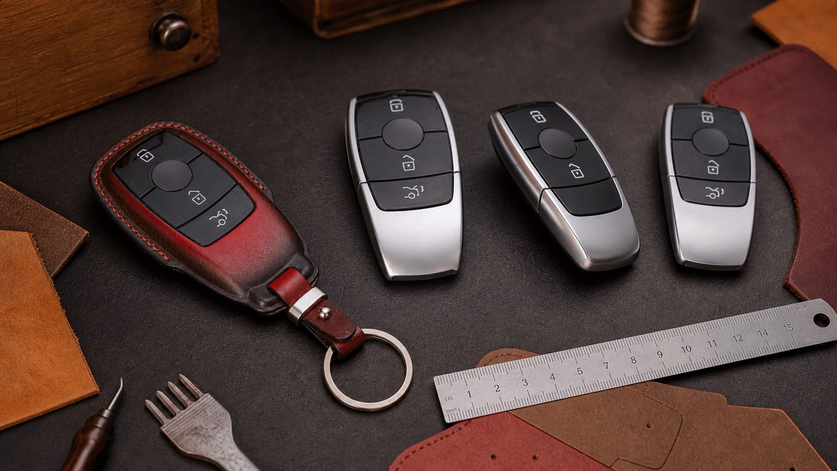 Các form chìa khóa Mercedes khác nhau về số nút và dáng thân đặt cạnh bao da chìa khóa