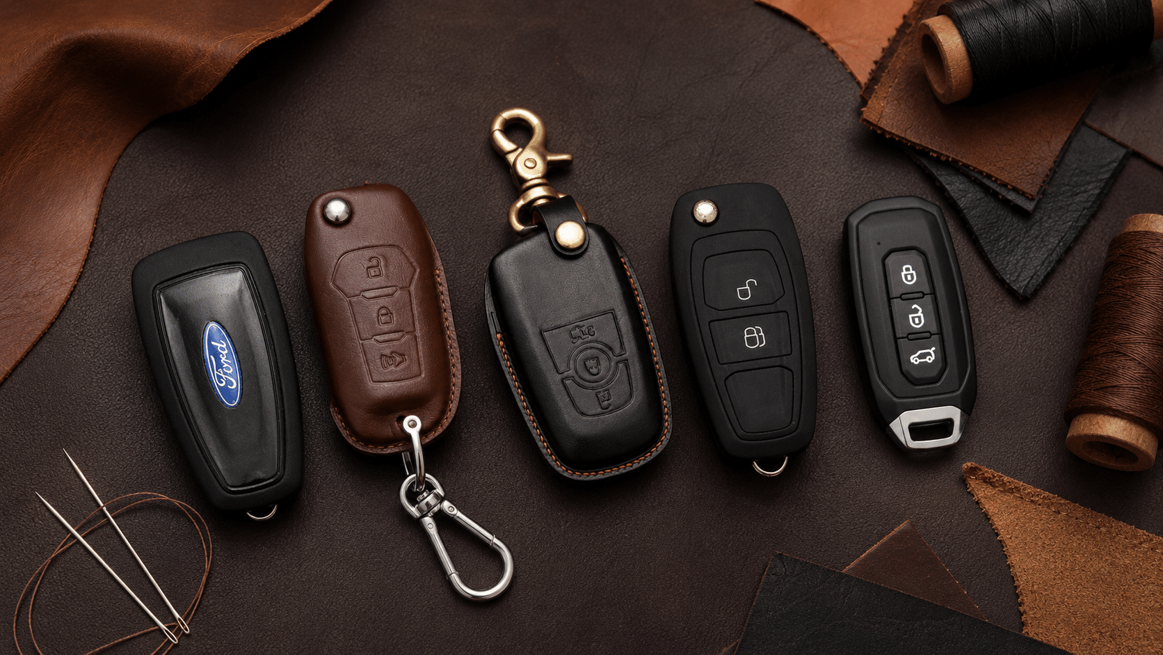 Các kiểu bao da chìa khóa Ford handmade khác nhau được đặt cạnh chìa thật để tư vấn lựa chọn.