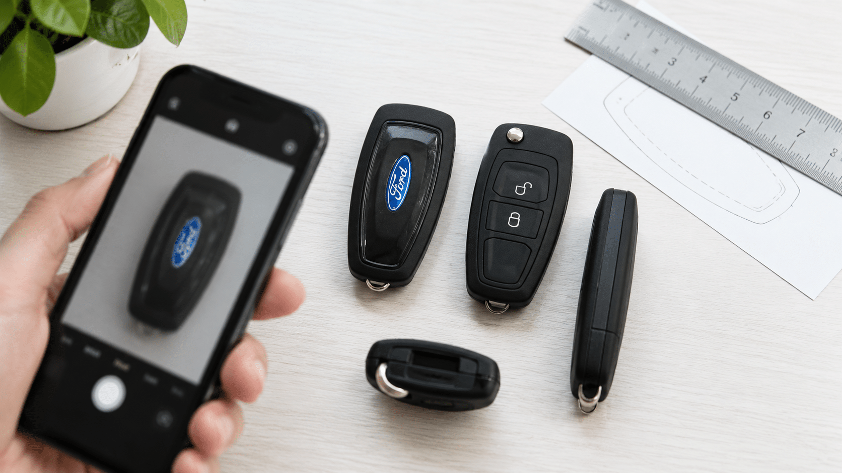Điện thoại đang chụp chìa khóa Ford thật để kiểm form trước khi đặt bao da.