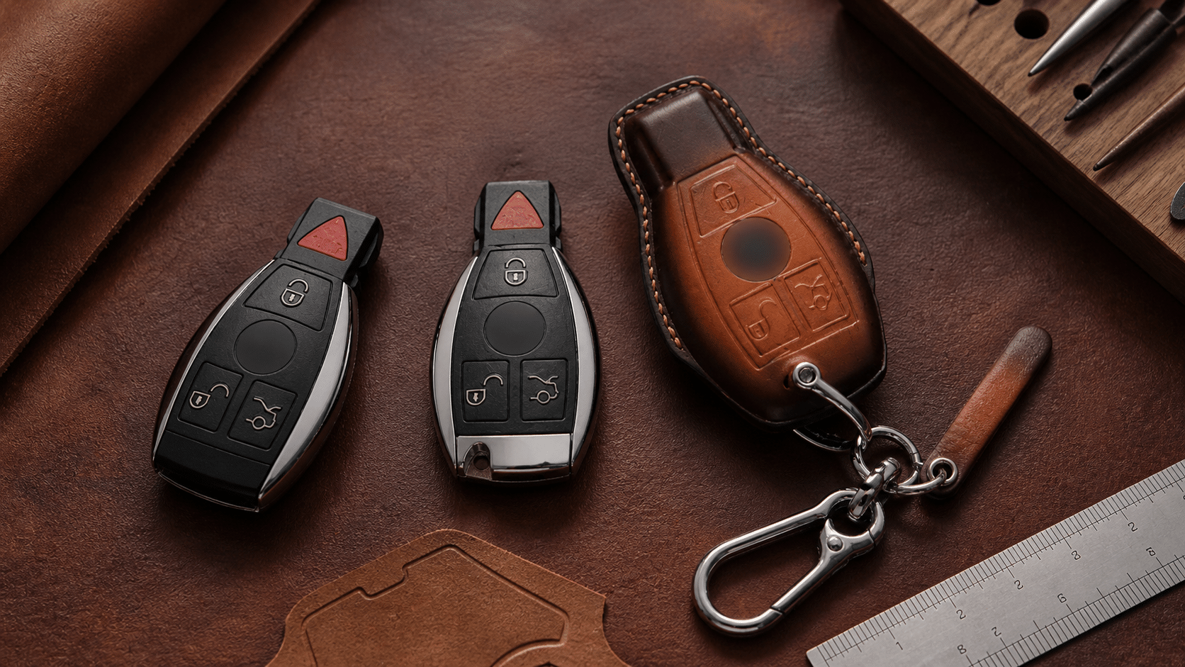 Hai chìa khóa Mercedes nhìn giống nhau đặt cạnh bao da handmade để kiểm tra form