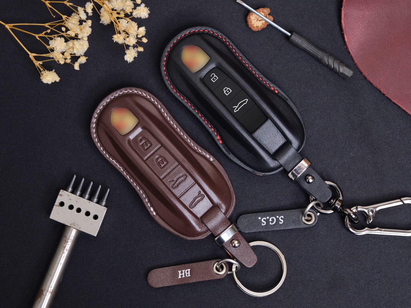 Mẫu bao da chìa khóa Porsche bằng da Nappa màu nâu