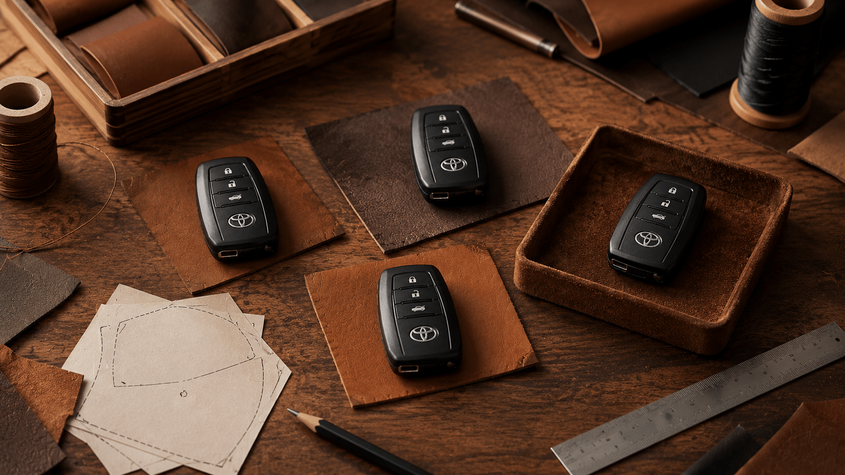 Nhiều chìa Toyota được phân nhóm trước khi làm bao da handmade