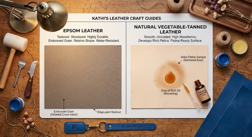 Phân biệt bề mặt da dập vân Epsom và da mộc Veg-tan khi bảo quản bao da