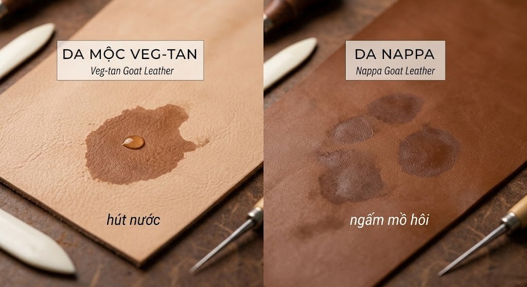 So sánh bề mặt da mộc Veg-tan hút nước và da Nappa dễ ngấm mồ hôi