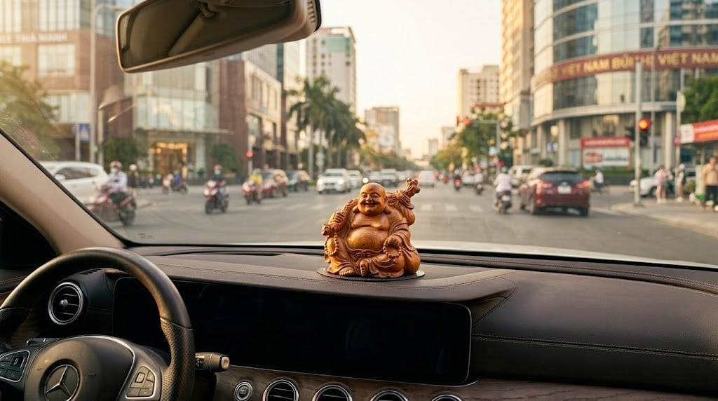 Tượng Phật Di Lặc bằng gỗ hương nhỏ đặt trên taplo ô tô để cầu bình an.