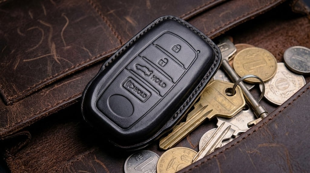 Khả năng che giấu vết xước dăm vượt trội của bao da chìa khóa Alran Sully khi để chung với các vật dụng kim loại khác.